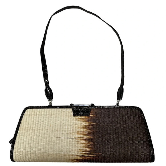 🛍️ $3/40 Le Sac Handmade Satchel Straw Leather Black  Brown Cream - Picture 5 of 6